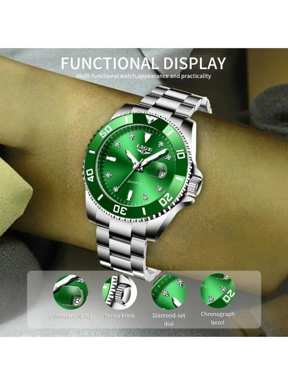 Men's Silver Green Quartz Analog Stainless Steel Waterproof Date Wrist Watch